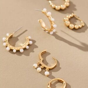 Anthropologie Set of 3 Mini Pearl & Gold Hoop Earrings NWT